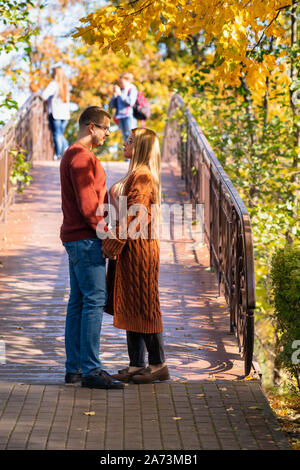 Junges Paar in Liebe gehen in einem Herbst Park stehend, Hände auf einer Brücke zärtlich an jedem anderen Suchen Stockfoto