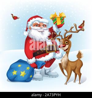 Weihnachtskarte mit lustigen Weihnachtsmann und Rentier. Stock Vektor