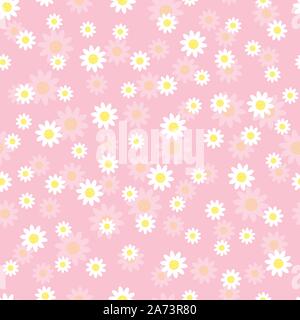 Niedlichen Gänseblümchen unregelmäßig auf roten Hintergrund angeordnet. Weiße Blüten mit Schatten auf hellen Hintergrund. Vector Illustration von nahtlosen, sich wiederholendes Muster Stock Vektor