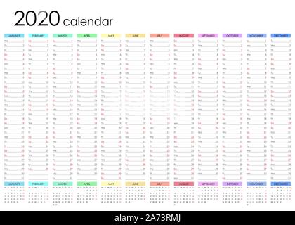 Planer Kalender für 2020. Wand Veranstalter, jahresplaner Vorlage. Vector Illustration. Vertikale Monate. Eine Seite. Satz von 12 Monaten. Stock Vektor