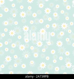 Gänseblümchen unregelmäßig auf eine Minze Hintergrund angeordnet. Weiße Blüten mit Schatten auf hellen Hintergrund. Vector Illustration von nahtlosen, sich wiederholendes Muster. Stock Vektor