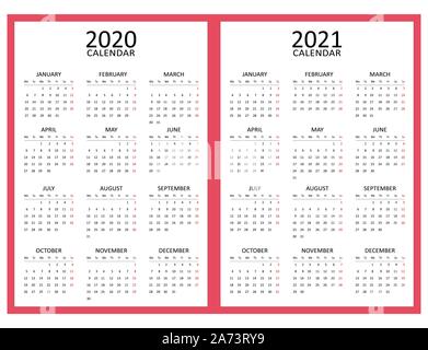 Einfacher Kalender Layout für die beiden Jahre 2020 und 2021. Startet Montag. Englische version Kalender. Samstag und Sonntag Wochenende. Für Ihre grafische Vorlage. Stock Vektor