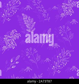 Vektor nahtlose Muster mit wilden Blumen, Kräutern und Filialen. Dünne feine Linien Silhouetten verschiedener Pflanzen. Stock Vektor