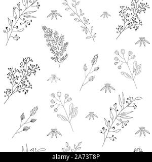 Vektor nahtlose Muster mit wilden Blumen, Kräutern und Filialen. Dünne feine Linien Silhouetten verschiedener Pflanzen. Schwarz und Weiß isoliert. Stock Vektor