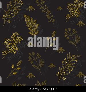 Vektor nahtlose Muster mit wilden Blumen, Kräutern und Filialen. Dünne Linien Silhouetten verschiedener Pflanzen. Gold, Gelb Objekt auf schwarzen Hintergrund. Stock Vektor