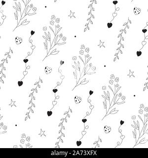 Vektor nahtlose, sich wiederholendes Muster aus Pflanzen und Herzen. Auf weissem Hintergrund. Stock Vektor