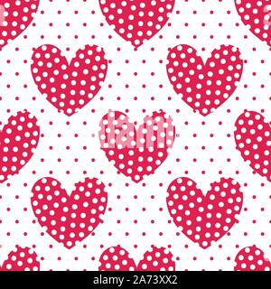Rot großes Herz mit weißen Punkten auf einem Hintergrund mit roten Tupfen. Die nahtlose Vektor Illustration eines sich wiederholenden Muster. Stock Vektor