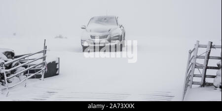 Ein kalter Wintertag. Ein Auto ist in einem Feld und nach dem Schnee fallen Sie durch Drifts umgeben wird geparkt. Der Blick durch die Farm Tore über einen Vieh Raster Stockfoto