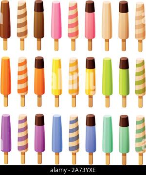 Vector Illustration von ice Pops oder Eis in verschiedenen Farben und Aromen, solide, wirbelte und in Schokolade getaucht. Stock Vektor
