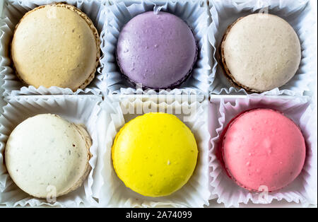 Box mit Macarons Cookies isoliert auf weißem Hintergrund. Stockfoto