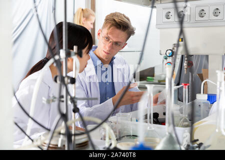 Casual kaukasischen und asiatischen Studenten an der Forschung in der chemischen Labor Stockfoto