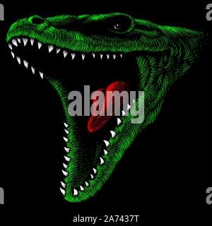 Der Vektor logo Drache oder Dinosaurier für T-Shirt Druck Design oder Oberbekleidung. Jagd stil Reptile Rückwand. Diese Zeichnung wäre schön, auf der zu machen Stock Vektor