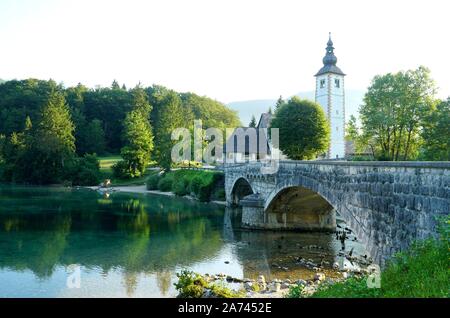 Anfang Sommer morgen am See Bohinj in Slowenien. Stockfoto