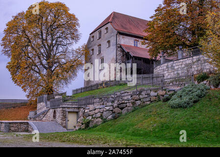 Altes Schloss im Herbst mit alten Eiche Stockfoto