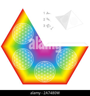 Blume des Lebens Pyramide Vorlage zu nehmen, zu verbessern und die Kraftfelder harmonisieren, ihre Energiebilanz und heilende Spiritualität. Rainbow Paper Art. Stockfoto