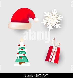 Weihnachten dabor zum Dekorieren von Banner, Postkarten, Poster oder andere Medien. Santa Hut, Schneeflocke, Baum, Geschenk auf weißem Hintergrund. Stock Vektor