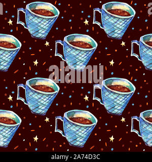 Nahtlose Muster mit blauen Kaffeebecher. Aquarell Abbildung. Eine isolierte Tasse meer Grün auf einem Schokolade Hintergrund und ein Pulver mit Sternen. Herbst Stockfoto