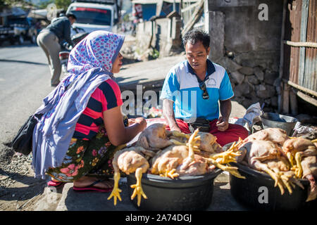 SEMBALUN LAWANG, Indonesien - 26. AUGUST 2017: Lokale Mitarbeiter arbeiten bei den traditionellen Markt in Sembalun Lawang. Stockfoto