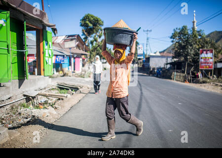 SEMBALUN LAWANG, Indonesien - 26. AUGUST 2017: Lokale Mitarbeiter arbeiten bei den traditionellen Markt in Sembalun Lawang. Stockfoto