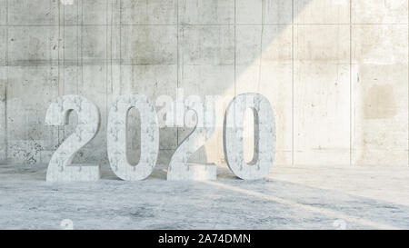 Nr. 2020. Text aus überfluteten Beton vor dem Hintergrund eines alten Betonwand durch Sonnenlicht beleuchtet, konzeptionelle interior design Stockfoto