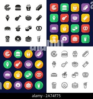 Fast Food Symbole in einem Symbole - Schwarz & White-Color Flachbild Design-Thin Line-Set Stock Vektor