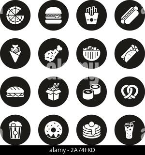 Fast Food Icons Weiß auf Schwarz Kreis gesetzt Stock Vektor