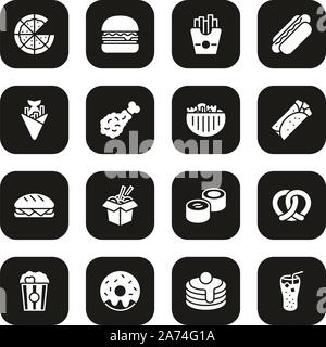 Fast Food Icons Weiß auf Schwarz gesetzt Stock Vektor