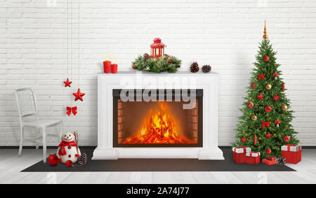 Kamin von Weihnachten und Neujahr Dekorationen umgeben. Neben ist Weihnachtsbaum mit Geschenken unter eingerichtet. Stockfoto