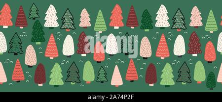 Weihnachtsbäume vektor Grenze. Nahtlose Muster Hand gezeichnet doodle Bäume. Dekorative urlaub Hintergrund. Winterurlaub design Grün Rot Weiß für Stock Vektor
