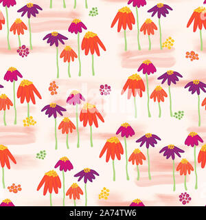 Hand abstrakt orange lila grün Blumen, sich wiederholendes Muster gezeichnet. Nahtlose floral background. Sommer oder Frühling Natur Design Stockfoto