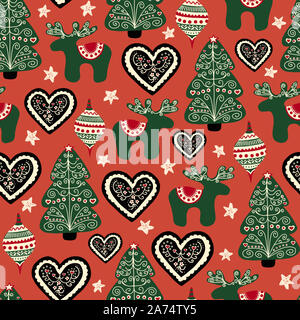Weihnachten folk art nahtlose Muster. Wiederholen Hintergrund mit Nordische Ornamente, Bäume, Rentiere, Herzen. Im skandinavischen Stil. Hand Urlaub gezeichnet Stockfoto