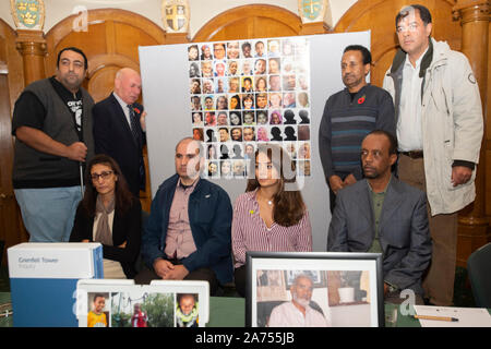 Die Überlebenden der Grenfell Turm Feuer, während einer Pressekonferenz in der Kirche Haus, Westminster, durch die nächsten Angehörigen von Personen, die in den Turm Grenfell Feuer im Juni 2017 gestorben, an dem Tag, an dem der erste Bericht in das Feuer, das 72 Menschenleben gefordert wird veröffentlicht. PA-Foto. Bild Datum: Mittwoch, Oktober 30,2019. Siehe PA Geschichte ANFRAGE Grenfell. Foto: David Mirzoeff/PA-Kabel Stockfoto