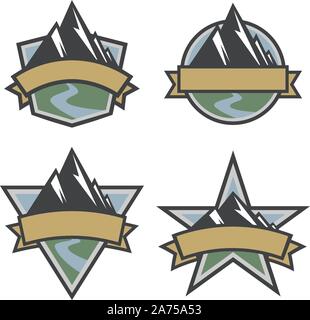 Outdoor Reisen malerische Berg Logo in Schild, Kreis, Dreieck und Star Formen, isolierte Vector Illustration Stock Vektor