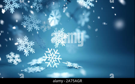 Weich fallende Schneeflocken Nahaufnahme Hintergrund Design. 3D-Darstellung. Stockfoto