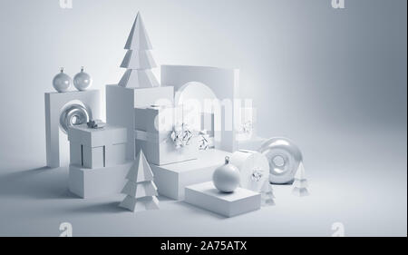 Moderne Weihnachten Abstrakt Hintergrund mit Formen, Bäume und präsentiert. 3D-Darstellung. Stockfoto