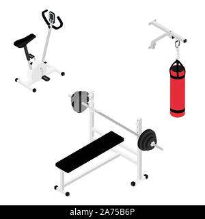 Fitnessraum Sitzbank mit Langhantel, Fitnessraum Fahrrad und Boxsack auf weißem Hintergrund isometrische Ansicht isoliert. Fitness Home Gym equipment Stock Vektor