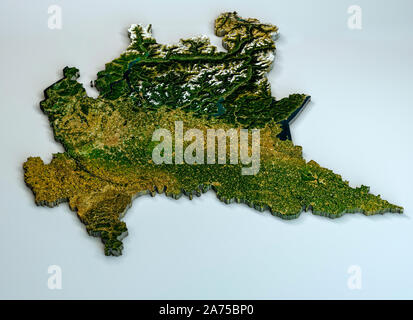 Satelliten Ansicht der Region Lombardei. Italien. 3D-Render. Physische Karte der Lombardei, Ebenen, Berge, Seen, Berge der Alpen. Stockfoto