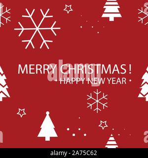 Einfache Weihnachten nahtlose Muster mit weißen Weihnachtsbäume und Bälle. Retro textile Kollektion. Auf rotem Hintergrund Stock Vektor