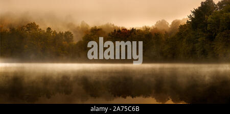 Morgen, Nebel, Sonnenaufgang über Scarlet Eiche See im Herbst. Stockfoto
