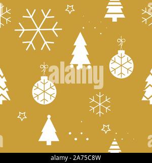 Einfache Weihnachten nahtlose Muster mit Weihnachtsbäumen und Bälle. Retro textile Kollektion. Auf goldenem Hintergrund Stock Vektor
