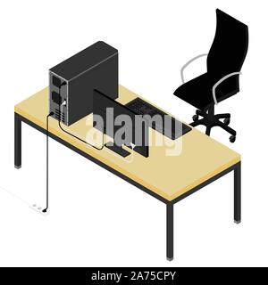 Arbeitsplatz Schreibtisch und einen Bürostuhl. Personal Computer auf dem Schreibtisch im Büro. Neue Mitarbeiter, Mitarbeiter im Team Stock Vektor