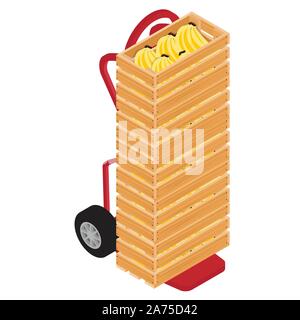 Hand-Lkw mit hölzernen Kisten voller Bananen auf weißem Hintergrund isometrische Ansicht isoliert. Paketzustellung Stock Vektor