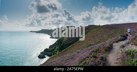 Plevenon, Bretagne/Frankreich - 20 Augsut 2019: Männer Wandern auf einem Weg durch violette Heide Wiesen an der Atlantikküste Stockfoto