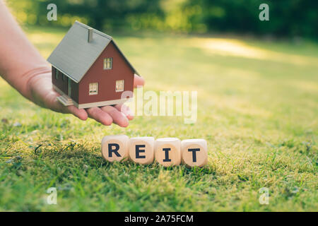 Cubes bilden die Abkürzung "ES" (Real Estate Investment Trust) neben einem Modell Haus. Stockfoto