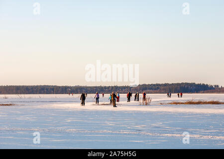 Leute Eislaufen an einem Wintertag auf einem natürlichen See Stockfoto