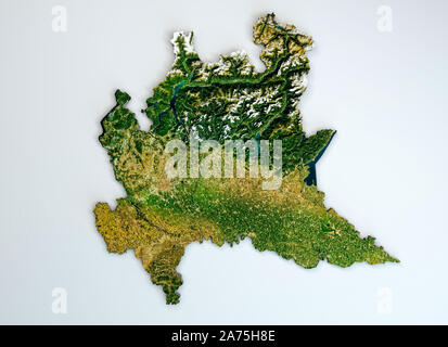 Satelliten Ansicht der Region Lombardei. Italien. 3D-Render. Physische Karte der Lombardei, Ebenen, Berge, Seen, Berge der Alpen. Stockfoto