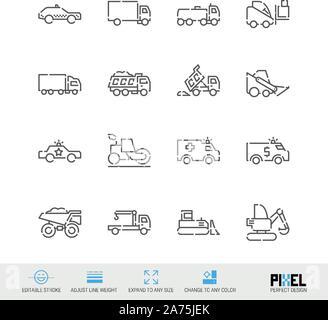 Besondere und Baufahrzeuge ähnliche Vektor Symbol Leitung festgelegt. Pixel Perfect Design. Editierbare Schlaganfall. Strichstärke einstellen. Erweitern Sie in jeder Größe. Stock Vektor