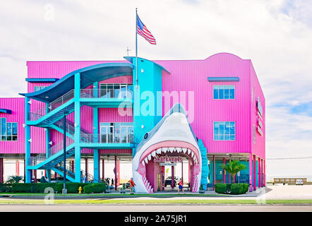 Ein Hai Kopf Eingang und hell rosa Gebäude begrüßt Kunden an Sharkheads Souvenir Shop, Oktober 22, 2019, in Biloxi, Mississippi. Stockfoto