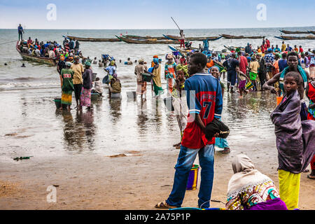 Leute auf den Strand in Tanji Fischerdorf in Gambia als Land der Fischerboote ihren Fang. Stockfoto