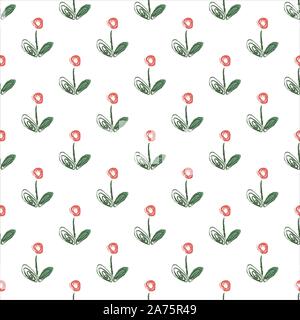 Nahtlose florales Muster mit Hand gezeichnet einfache Blume. Strukturmuster mit kleinen roten Blüte. Vector Illustration Stock Vektor